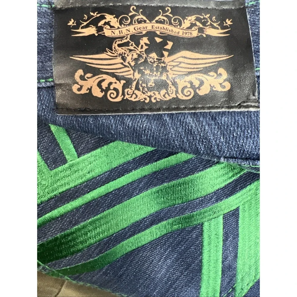 NBN Gear Men 40 Baggy Denim Shorts Y2K Jorts Green Stitch Raw String  X-TREME